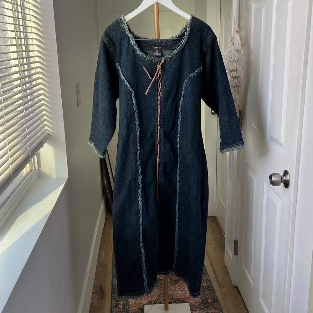 Vintage Prairie Boho Denim Long Sleeve Lace Up Blue Midi Dress Size 1X
